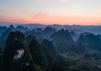 aerial view of mountains in the dawn