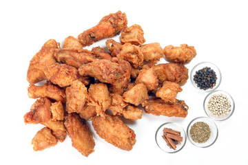 Deep Fried Chicken Wings Drumstick Nuggets Popcorns on white background