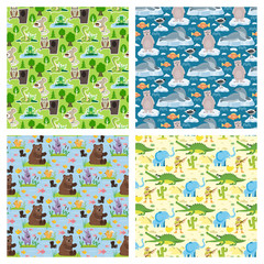 Seamless animal pattern wildlife reptile background crocodile bear elephant characters vector illustration