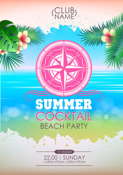 Summer disco poster cocktail beach party.