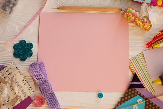 scrapbook background. Card and tools with decoration