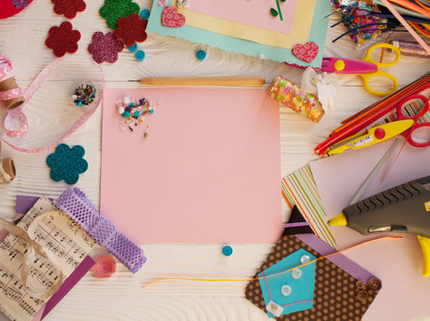 scrapbook background. Card and tools with decoration
