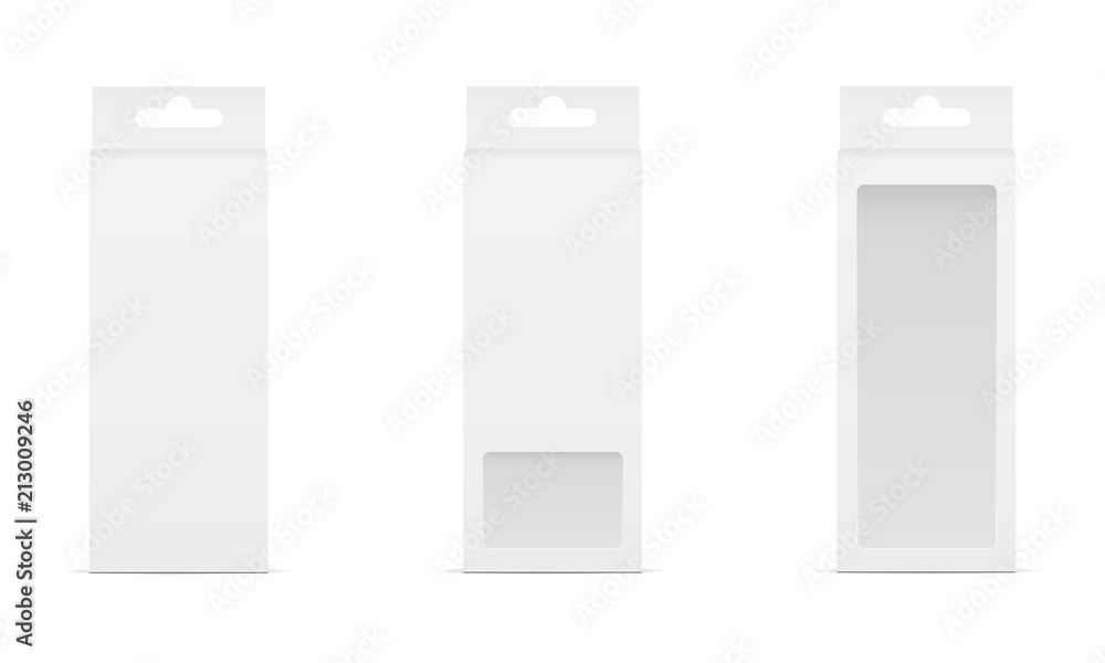 Poster set of three boxes with transparent window and hanger. packaging for mobile accessories. vector illu