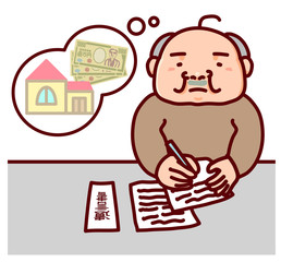 財産の贈与について悩みながら遺言書を書く男性