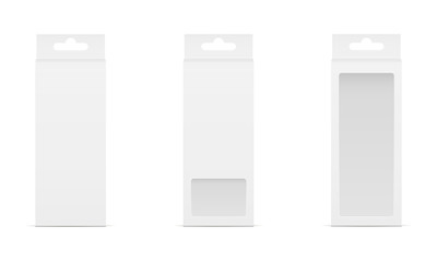 Set of three boxes with transparent window and hanger. Packaging for mobile accessories. Vector illustration