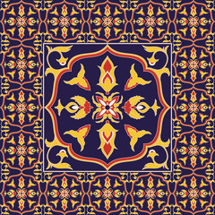 Mexican tile pattern vector with floral ornaments. Blue texture tiled element in center with frame. Portuguese azulejo, mexico puebla talavera ceramic, italian sicily majolica, spanish mosaic motif.