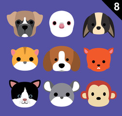 Flat Animal Faces Icon Cartoon Vector Set 8 (Pet)