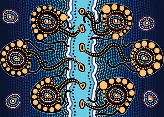 Aboriginal art vector background depicting jellyfish. Illustration based on aboriginal style of dot painting.