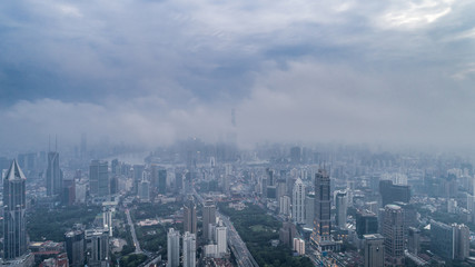 Aerial View of Shanghai city in the morning fog