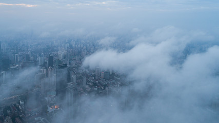 Aerial View of Shanghai city in the morning fog