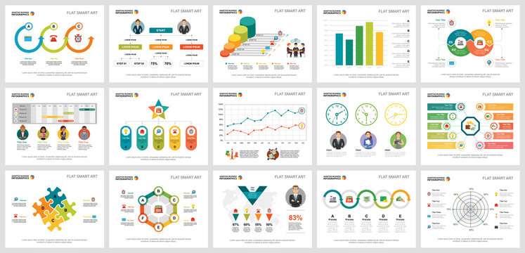 Colorful analytics or consulting concept infographic charts set. Business design elements for presentation slide templates. Can be used for financial report, workflow layout and brochure design.