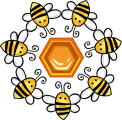 Circle of bees around a honeycomb