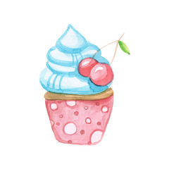 Cute cupcake with blue cream and in a pink basket in polka dots with cherries isolated on white background. Watercolor illustration.
