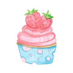 Cute cupcake with pink cream with strawberries and a basket of peas isolated on white background. Watercolor illustration.