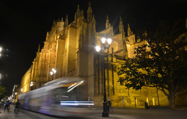 Fototapeta na wymiar the metro in front of the beautiful cathedral of Seville a beautiful summer night