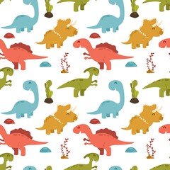 Cute seamless pattern with cartoon colorful dinosaurs