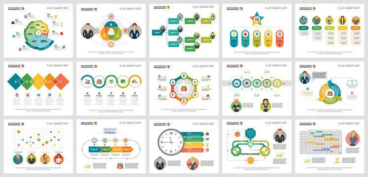 Colorful management or planning concept infographic charts set. Business design elements for presentation slide templates. For corporate report, advertising, leaflet layout and poster design.