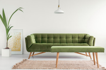 Olive green, stylish settee and an upholstered bench in a bright living room interior with white...