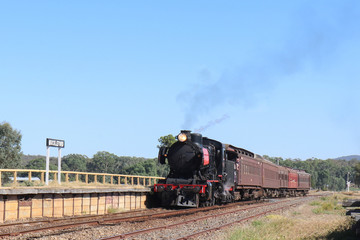 Fototapeta na wymiar MUCKLEFORD, AUSTRALIA - March 11, 2018: J class 549 steam train at the Muckleford railway station