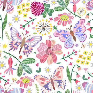 Vector summer meadow seamless pattern. Flowers, butterfly