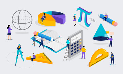 Math lab and school class. Science, education, mathematics scene with miniature people, students. Isometric concept design