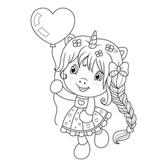 Cute baby unicorn playing with heart shape ballon, coloring page for girls. Vector.