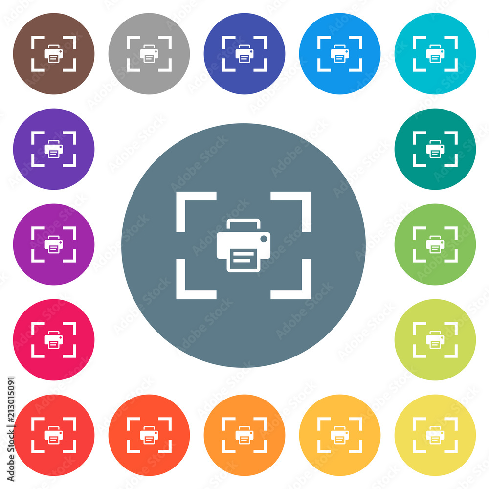 Poster camera print image flat white icons on round color backgrounds