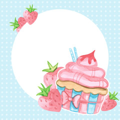 Round frame with a cupcake with blue cream and cherries on a pink background with polka dots. Watercolor illustration.