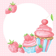 Round frame with cupcakes, cherries and strawberries on a pink background in polka dots. Watercolor illustration.