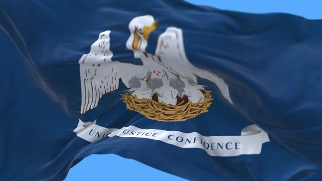 4k seamless Close up of Louisiana US State flag slow waving with visible wrinkles.A fully digital rendering,The animation loops at 20 seconds.flag 3D animation with alpha channel included.