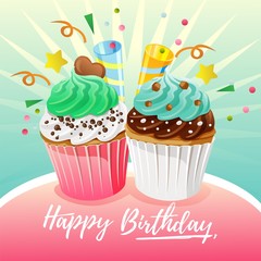 colorful birthday card theme with fun with muffin slice cake