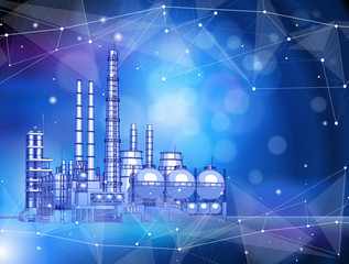 modern chemical manufacturing plant on a blue technological background with a stylized digital wave - the concept of modern technology, the new industrial revolution & information technology / vector