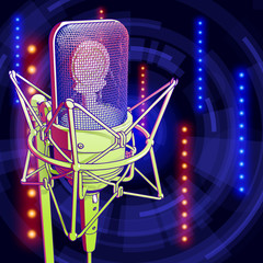 Fototapeta na wymiar A microphone on a blue technological background is surrounded by a sound wave. Atmosphere of sound recording studio, chamber concert, night disco club or karaoke club / vector