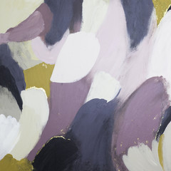 Abstract painting -  brush strokes using muted dusty blue, dusty rose pink, mauve, muted tan, mustard yellow, black and gold foil accents.