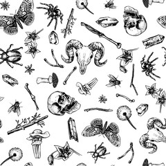 Witchy occult Halloween seamless decorative background - white