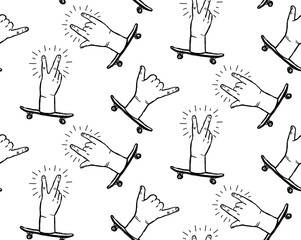 Peace sign, rock n roll hands and shaka hands skateboarding gestures - white seamless pattern 