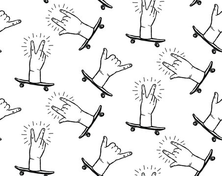 Peace sign, rock n roll hands and shaka hands skateboarding gestures - white seamless pattern 
