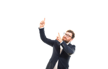 Portrait of business man showing pointing up gesture.