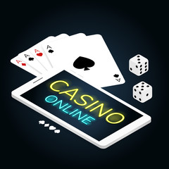 isometric mobile casino online card & dice coins vector