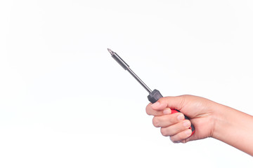 A man hand hold a screwdriver on white background.