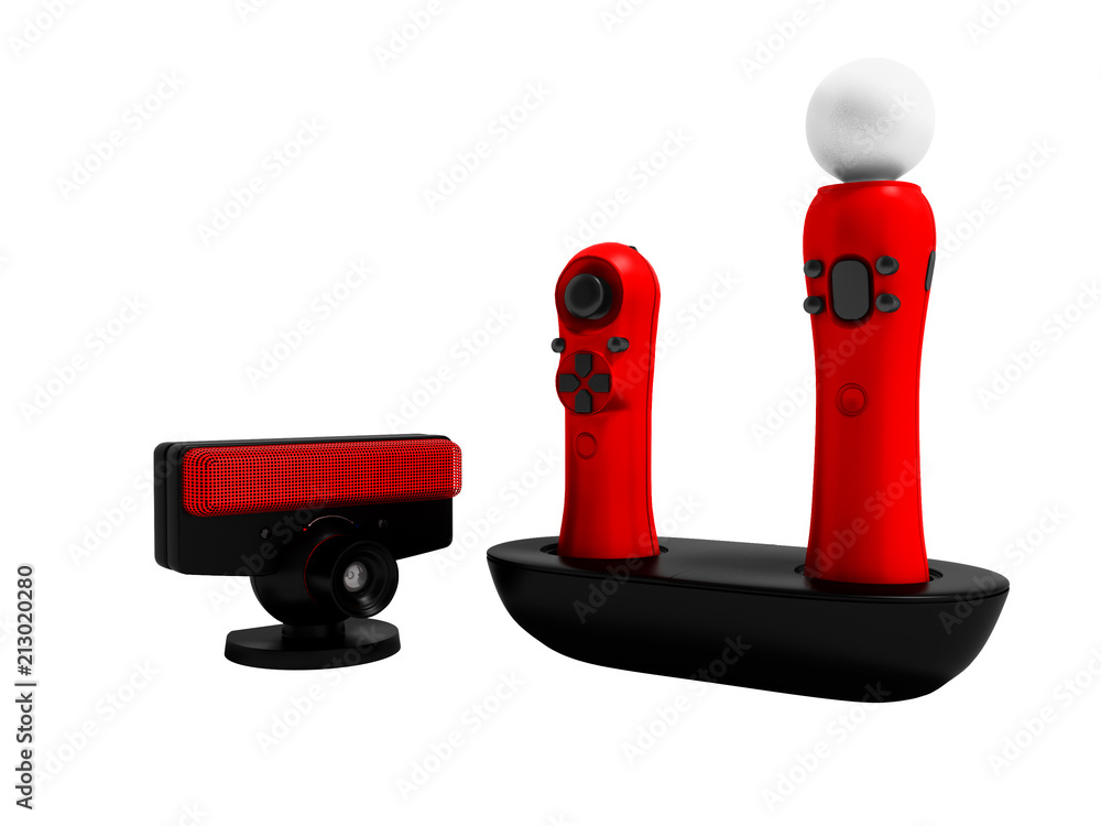 Poster modern red joysticks navigational and black camera for game console 3d render on white background no