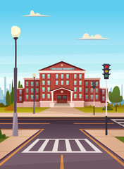 School building  with a pedestrian crossing the street. University modern concept illustration.