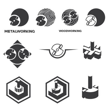 illustration consisting of several images of milling cutters for wood and metal and the inscription "woodworking" and "metalworking" in the form of a symbol or logo
