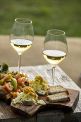 Italian appetizer with white wine on wood table
