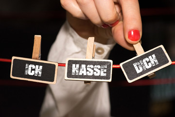 Eine Frau und Slogan Ich hasse Dich
