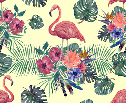 Watercolor seamless pattern of flamingo with leaves, flowers.