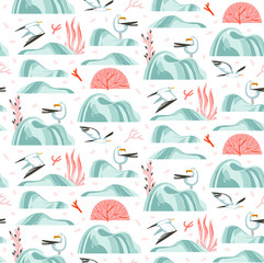 Hand drawn vector abstract cartoon summer time graphic illustrations artistic seamless pattern with flying sea gulls,stones,coral reefs ,seaweeds and shell on beach isolated on white background