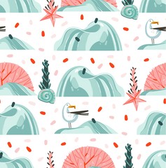 Hand drawn vector abstract cartoon summer time graphic illustrations artistic seamless pattern with flying sea gulls,stones,coral reefs ,seaweeds and shell on beach isolated on white background
