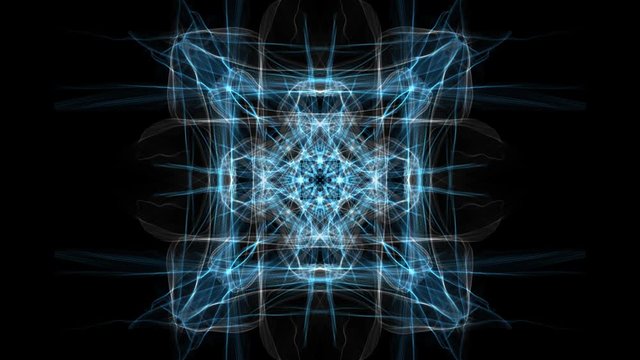 White and blue fractal square ornament on black background. Nice symmetric ornament in slow calming motion, 4k video