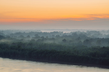 Fototapeta premium Mystical view on riverbank of large island with forest under haze at early morning. Mist among layers from tree silhouettes under predawn sky. Morning calm atmospheric landscape of majestic nature.